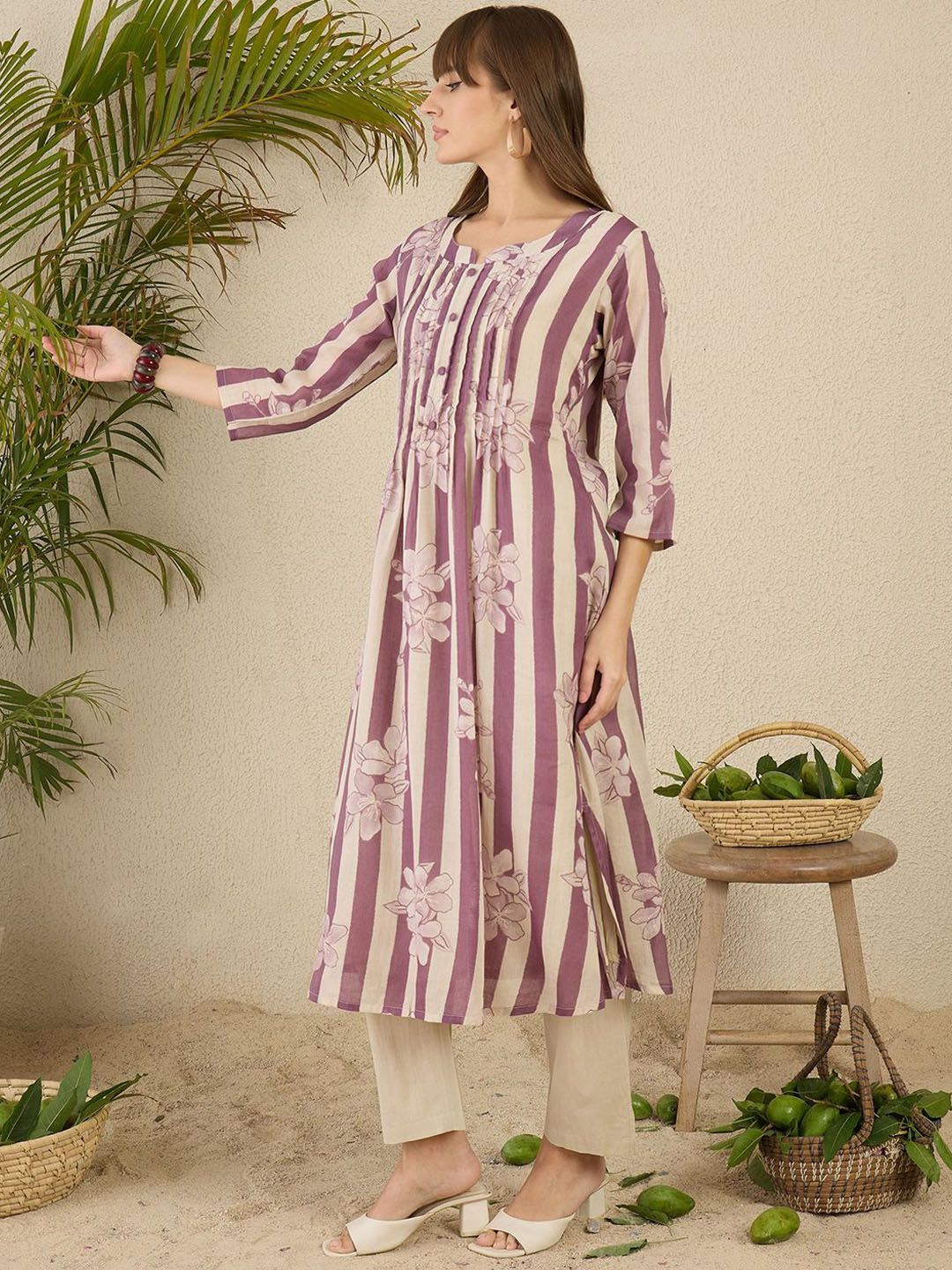 Floral Screen Printed Notch Neck A-Line Pure Cotton Kurta With Trousers