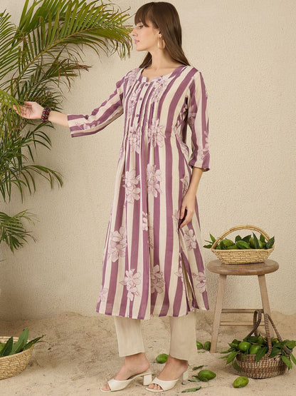 Floral Screen Printed Notch Neck A-Line Pure Cotton Kurta With Trousers