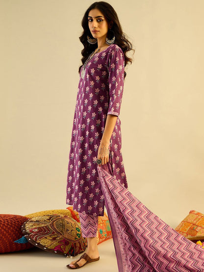 Purple Floral Printed V-Neck Pure Cotton Straight Kurta with Trousers & Dupatta