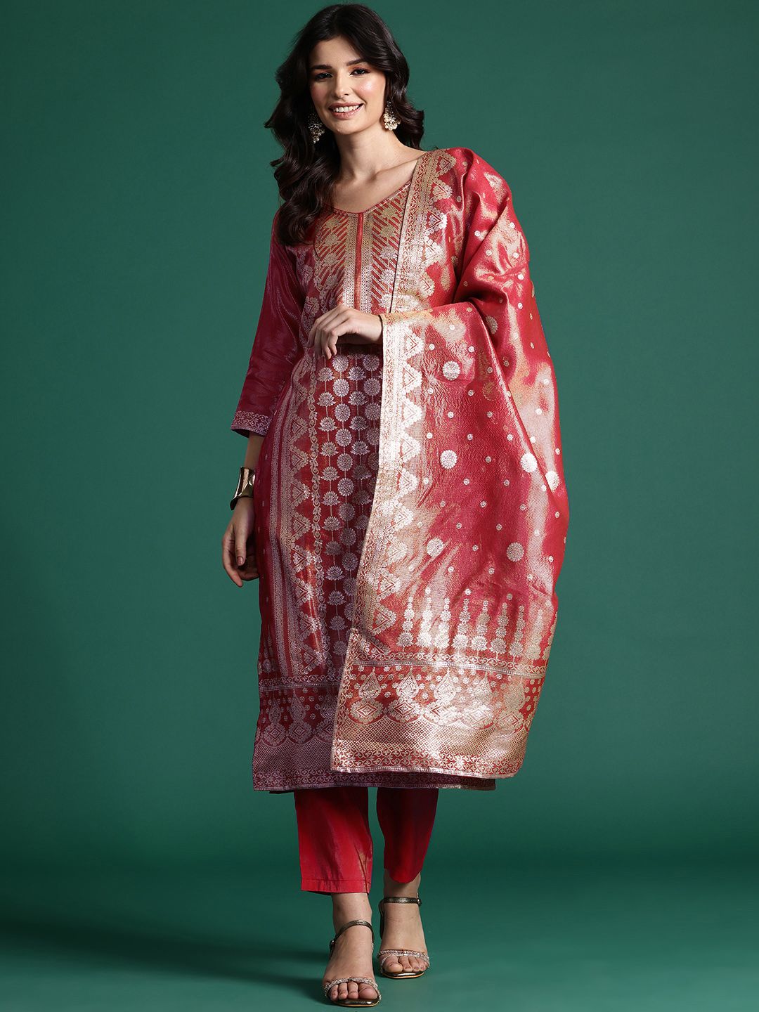 Women Ethnic Motifs Jacquard Zari Kurta with Trousers & With Dupatta