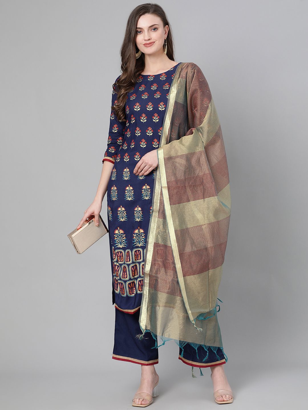 Women Navy Blue & Green Foil Print Kurta with Palazzos & Dupatta
