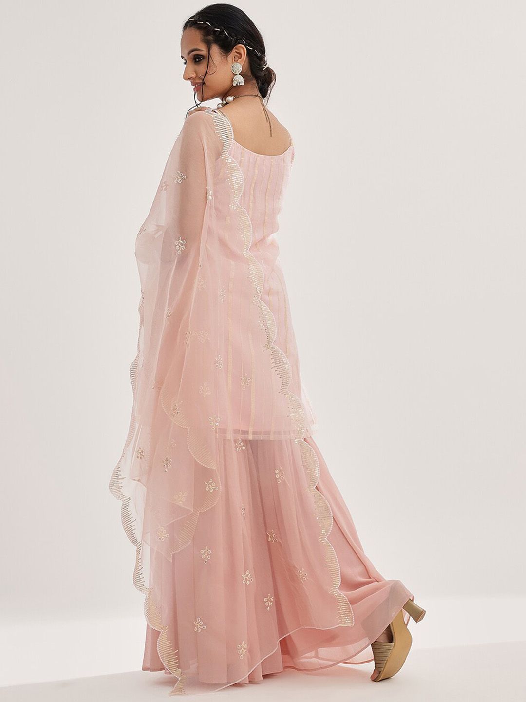 Dhiyona VA Women'sPeach Striped Shoulder Straps Embroidered Empire Kurta with Sharara & With Dupatta