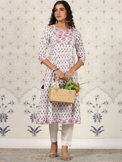 Dhiyona OD  White Floral Printed Pure Cotton A-Line Kurta