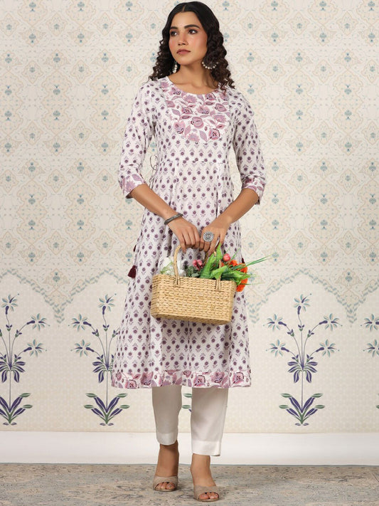 Dhiyona OD  White Floral Printed Pure Cotton A-Line Kurta