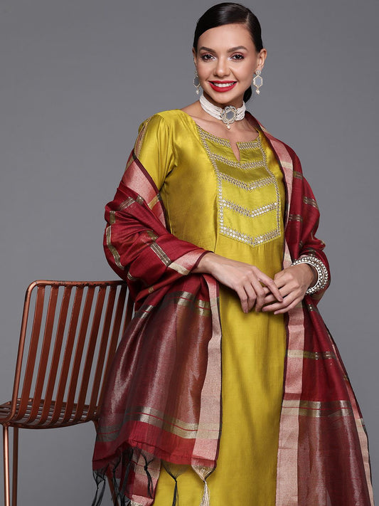 Dhiyona IE Women Olive Green Ethnic Motifs Embroidered Kurta with Trousers & Dupatta