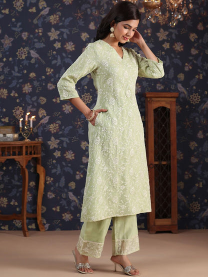 Dhiyona PD Women Ethnic Floral Embroidered Sequined A-Line Kurta With Palazzos