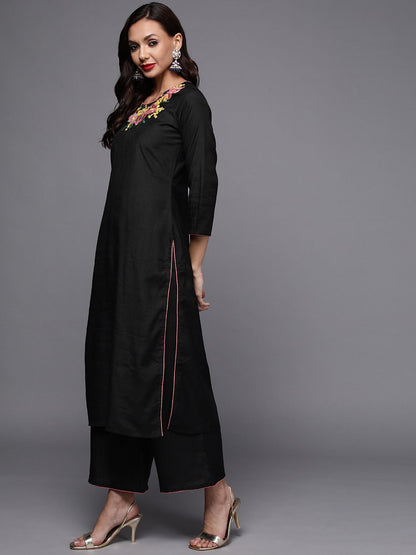 Dhiyona IE Women Black Embroidered Kurta with Palazzos & With Dupatta