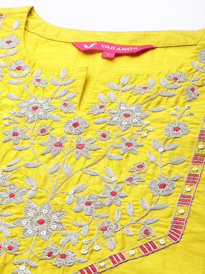 Dhiyona VA Women's Mustard Yellow Floral Embroidered Kurta with Trousers & Dupatta
