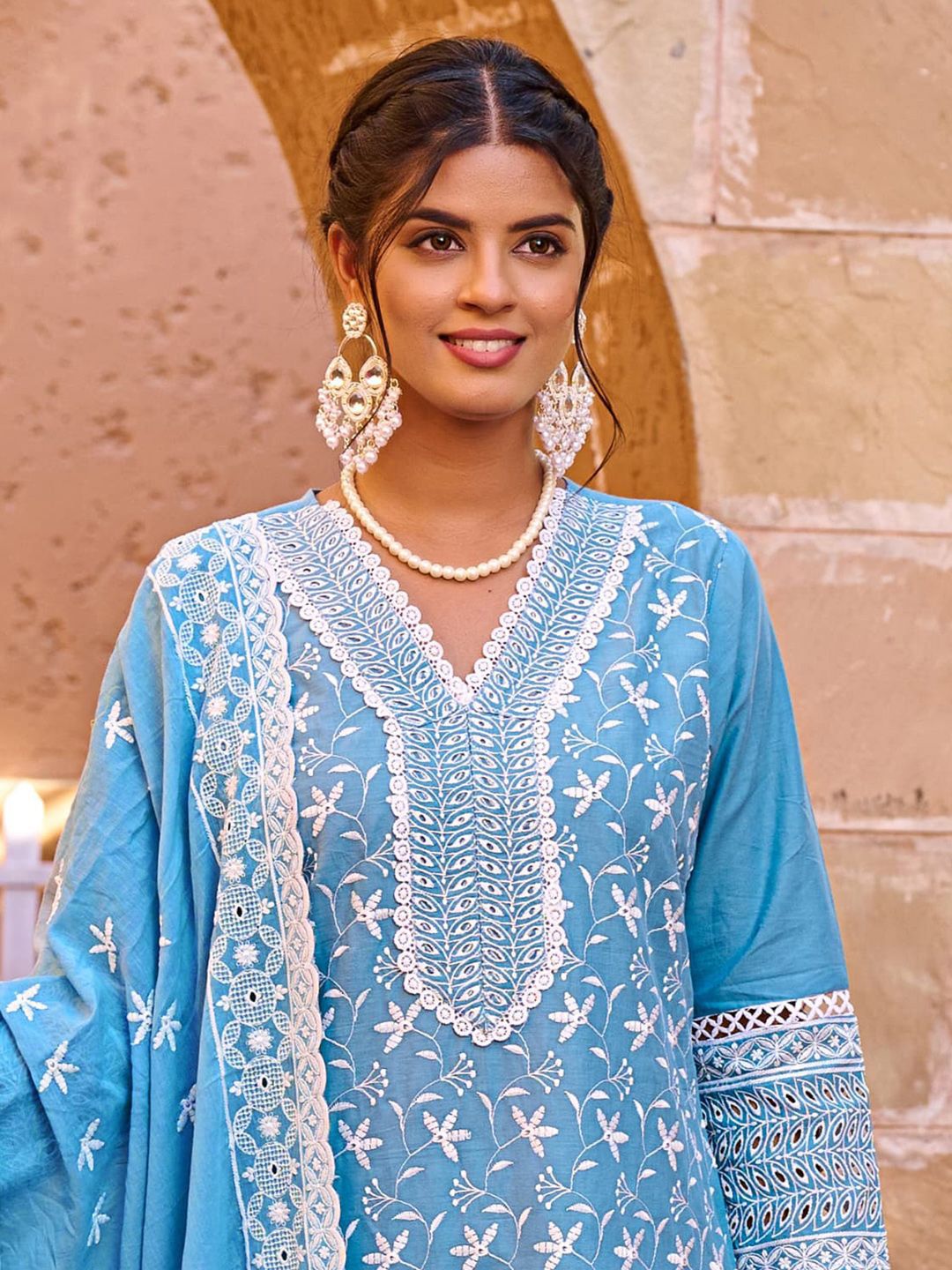 Dhiyona IE Women Floral Embroidered Thread Work Pure Cotton Kurta with Trousers & Dupatta