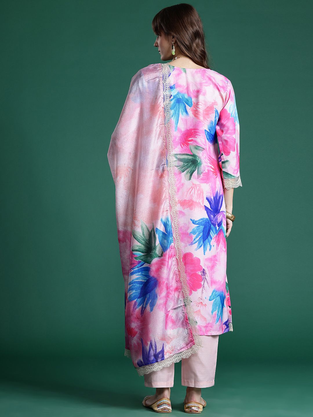 Dhiyona IE Floral Embroidered Empire Thread Work Kurta With Trousers & Dupatta