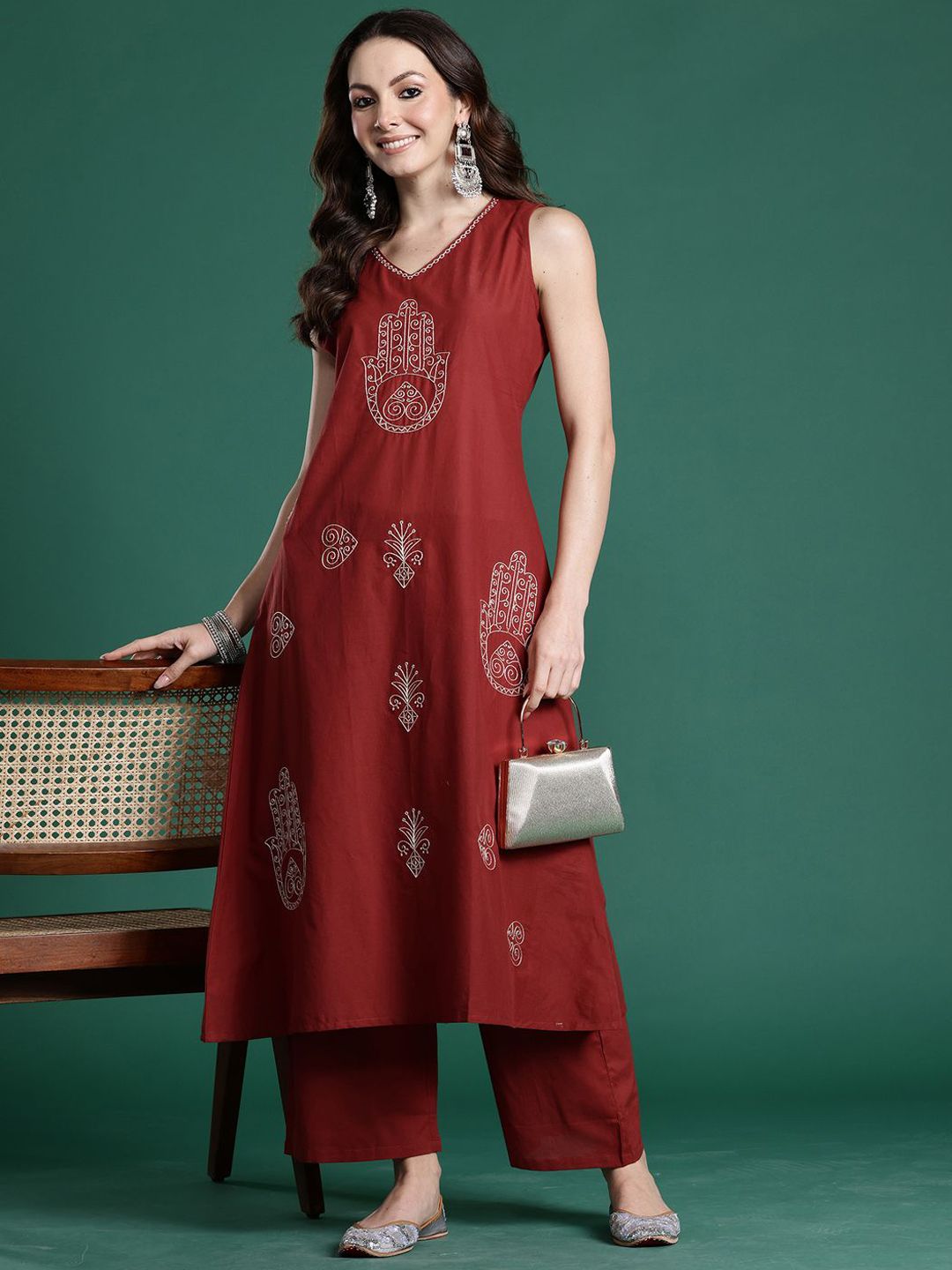 Dhiyona IE Embroidered A-Line Top With Palazzos Co-Ords