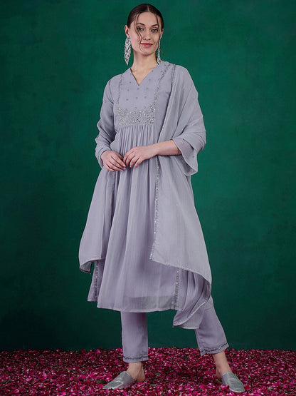 Dhiyona SN Women's Floral Embroidered A-Line Kurta With Trouser & Dupatta