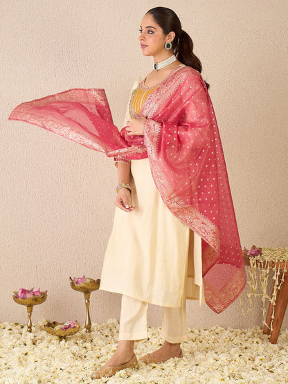 Dhiyona IE Women Ethnic Motifs Embroidered Regular Kurta with Trousers & With Dupatta