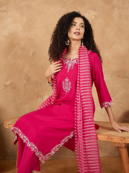 Dhiyona VA Women's Ethnic Motifs Embroidered Kurta with Trouser & Dupatta