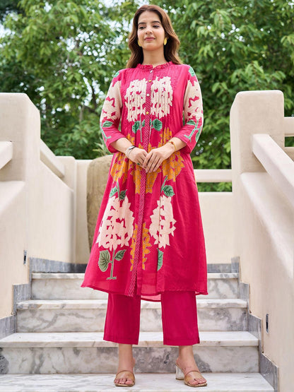 Floral Printed Mandarin Collar Pleated Pure Cotton A-Line Kurta With Trousers