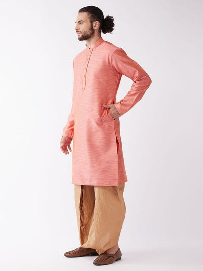 Men's Pink Silk Blend Straight Kurta and Dhoti Set