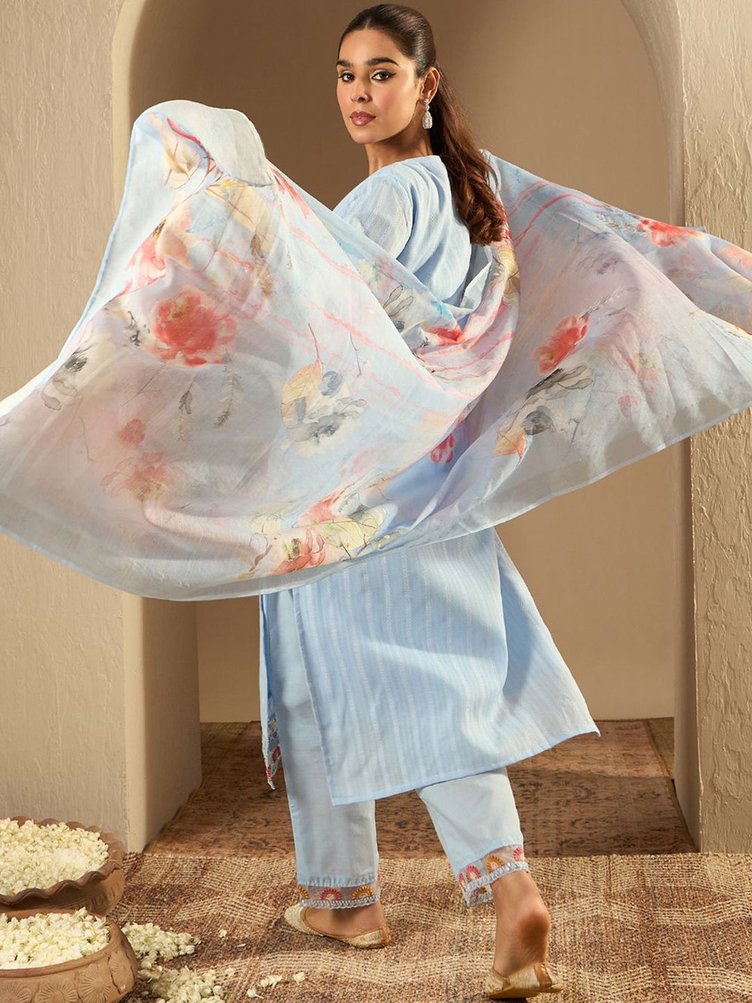 Floral Yoke Design Straight Thread Work Pure Cotton Kurta with Trousers & Dupatta