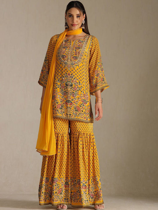 Dhiyona SO Women's Floral Printed Mirror Work Straight Kurta With Sharara And Dupatta