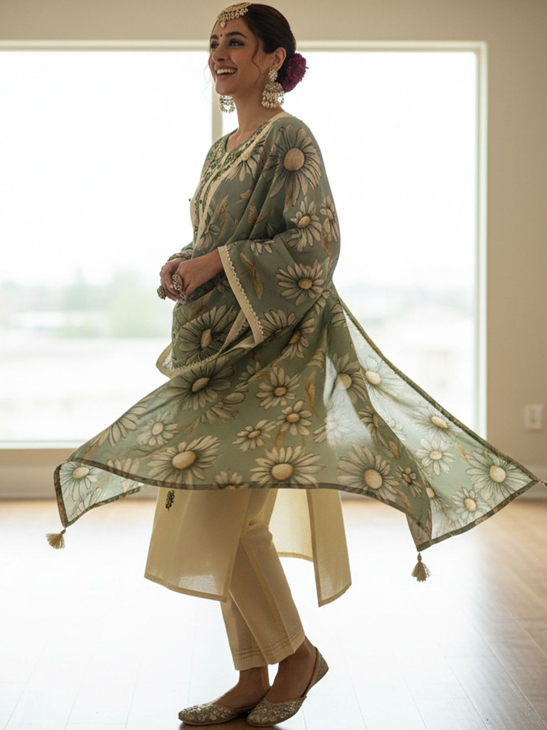 Floral Embroidered Regular Thread Work Kurta With Trousers & Dupatta