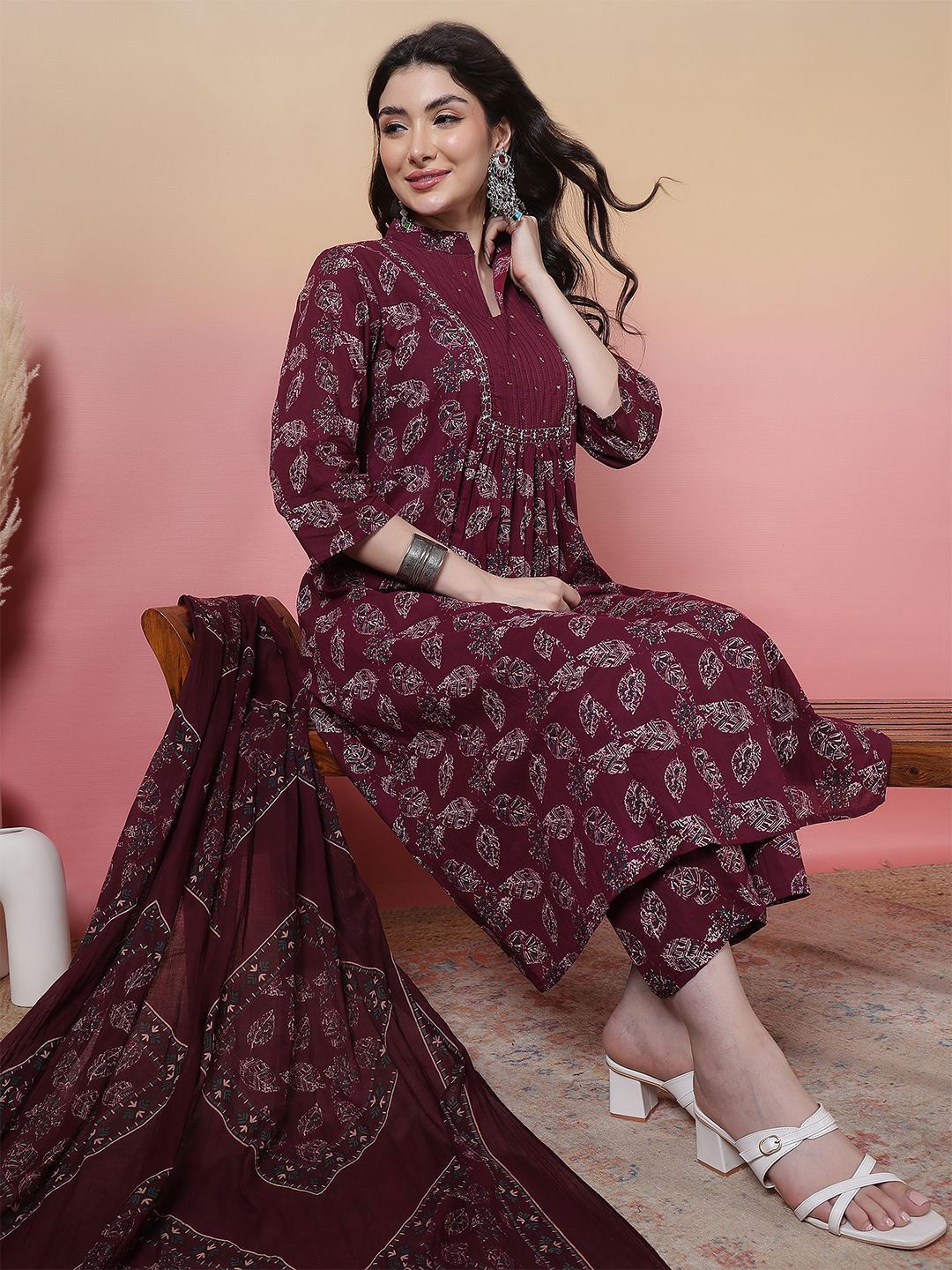 Dhiyona SN Women's Floral Printed Mandarin Collar Pure Cotton Anarkali Kurta With Trouser & Dupatta