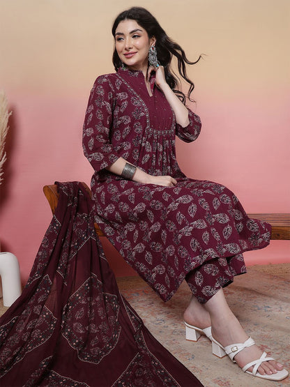 Dhiyona SN Women's Floral Printed Mandarin Collar Pure Cotton Anarkali Kurta With Trouser & Dupatta