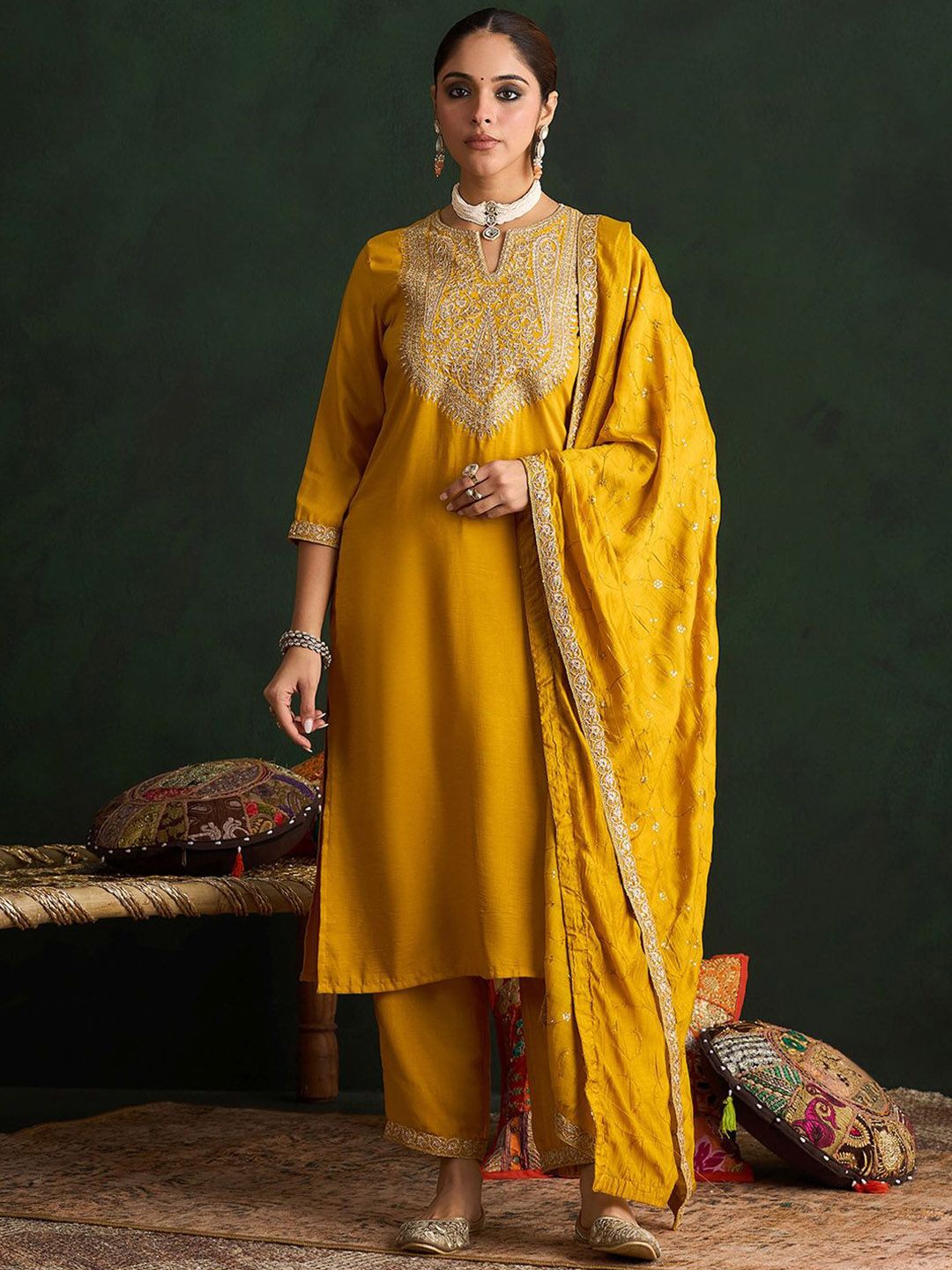 Ethnic Motifs Embroidered Kurta With Trousers & Dupatta