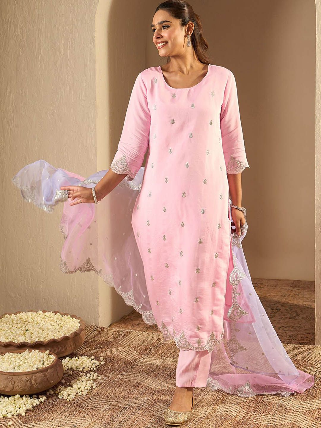 Dhiyona IE Ethnic Motifs Embroidered Straight Kurta With Trousers & Dupatta
