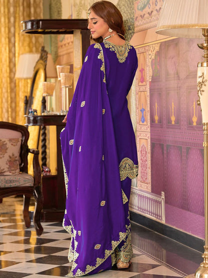 Floral Embroidered Sequinned Chinon A-Line Kurta With Palazzos & Dupatta