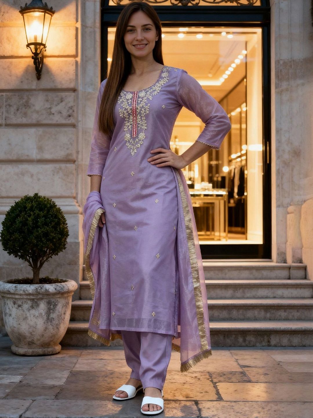 Women Ethnic Motifs Embroidered Sequinned Kurta With Trousers & Dupatta
