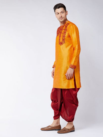 Men's Orange Silk Blend Angrakha Kurta and Dhoti Set