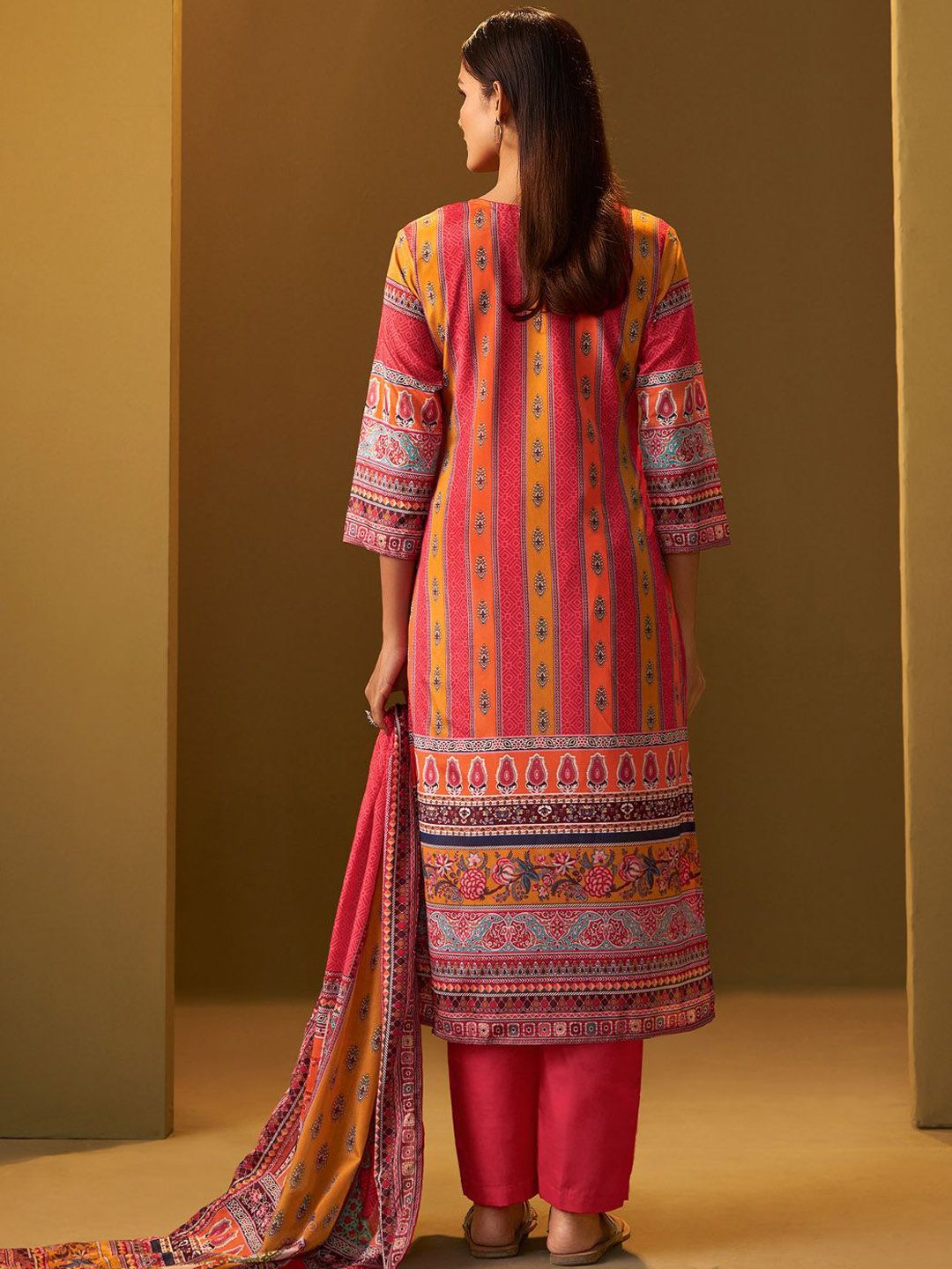 Ethnic Motifs Printed Thread Work Straight Kurta With Trousers & Dupatta