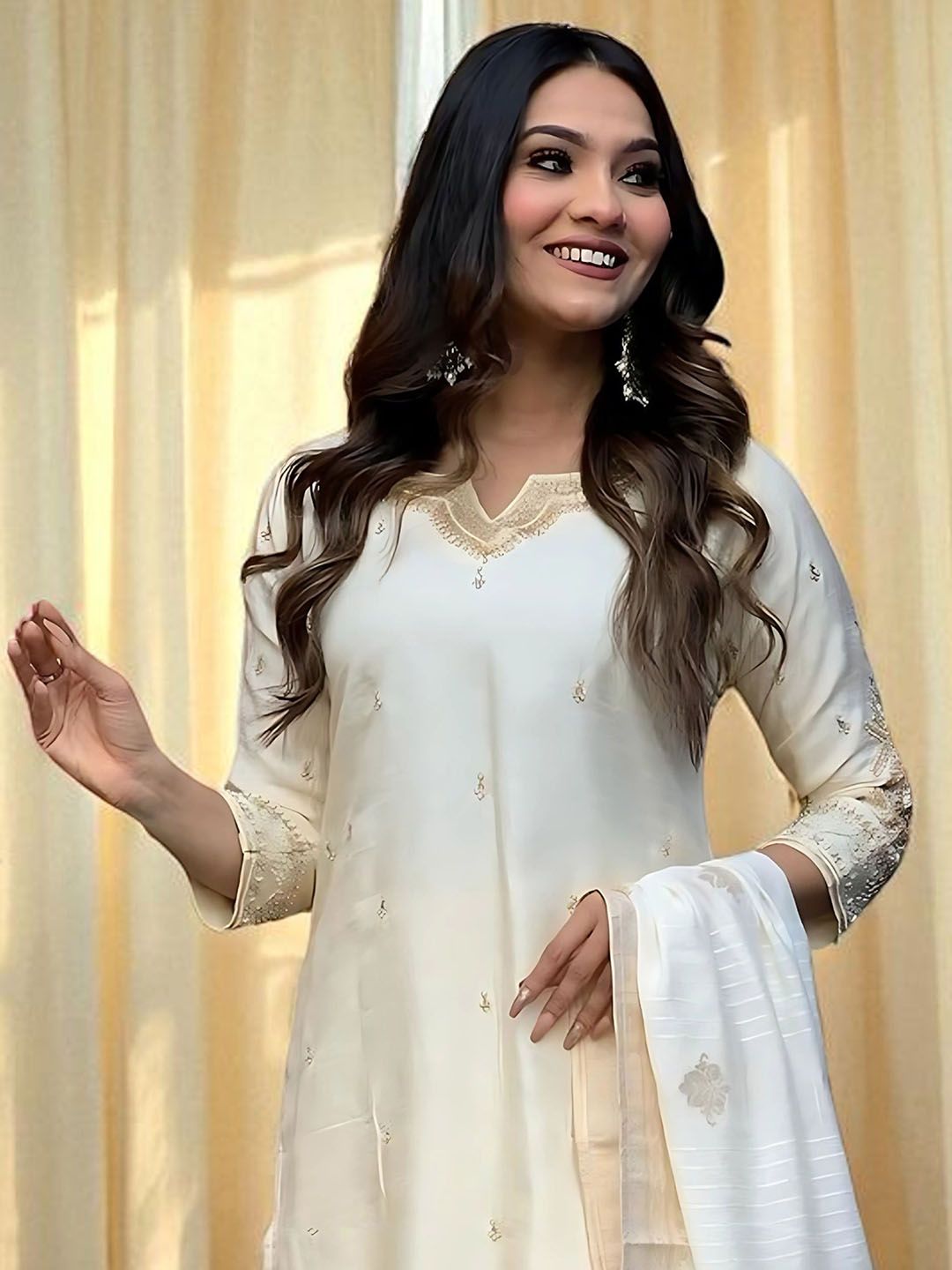 Dhiyona SN Women's Floral Embroidered Cotton Kurta with Pyjamas & Dupatta