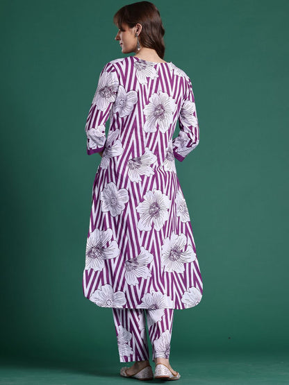 Dhiyona IE Printed Pure Cotton Round Neck Tunic with Trousers Co-Ords
