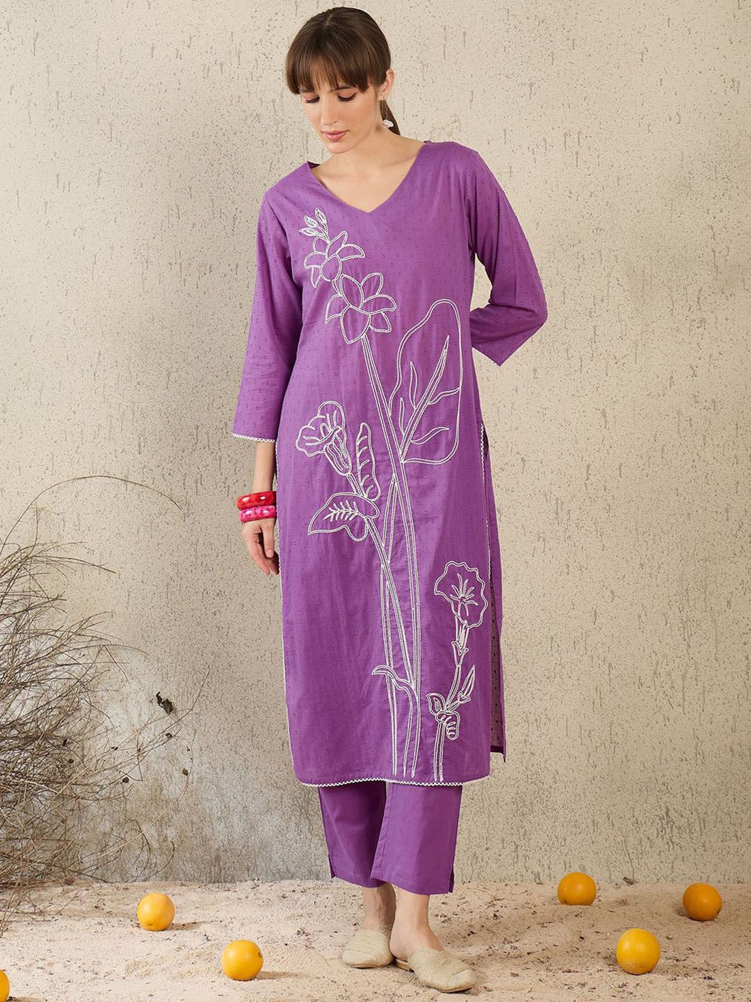 Floral Embroidered V-Neck Straight Thread Work Pure Cotton Kurta With Trouser
