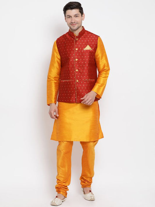 Men's Orange Silk Blend Straight Jacket  Kurta and Pyjama Set