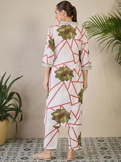 Floral Printed V-Neck Pure Cotton Straight Kurta With Trousers