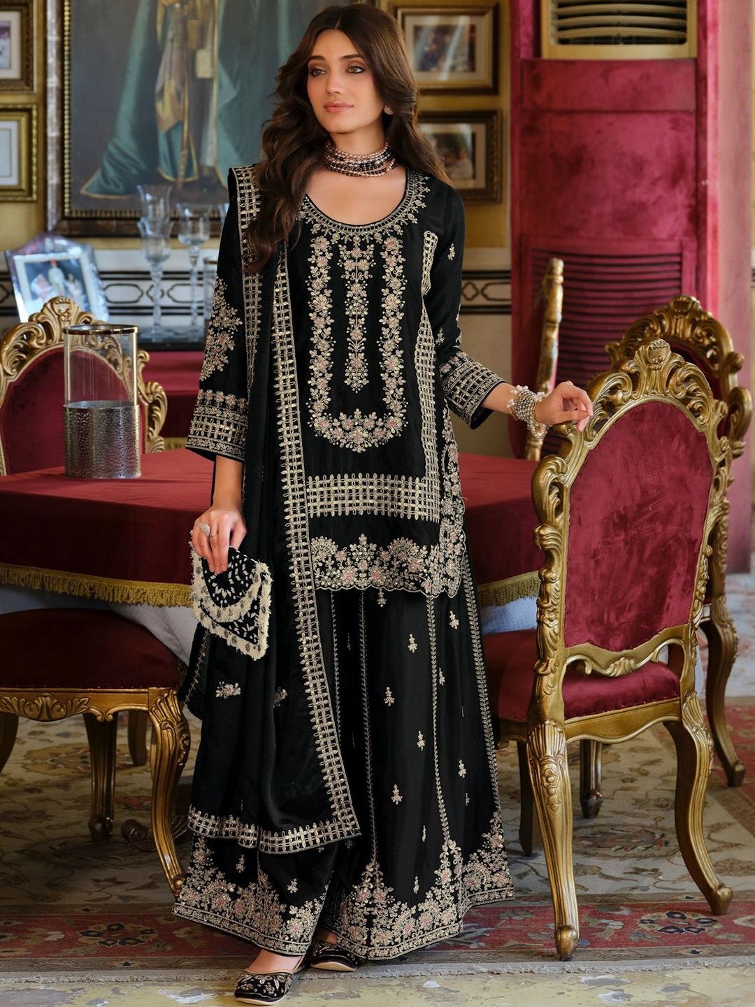 Dhiyona IE Women Ethnic Motifs Embroidered Thread Work Kurta with Palazzos & Dupatta