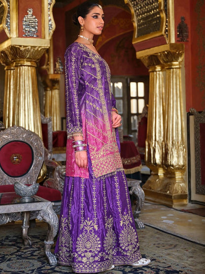 Dhiyona IE Ethnic Motifs Embroidered Thread Work Chinon Kurta with Sharara & With Dupatta