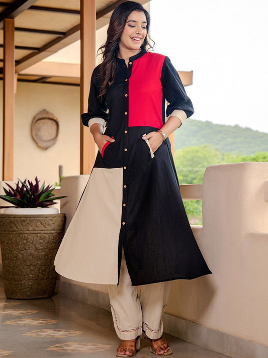 Women Colourblocked Mandarin Collar Pure Cotton A-Line Kurta with Trousers