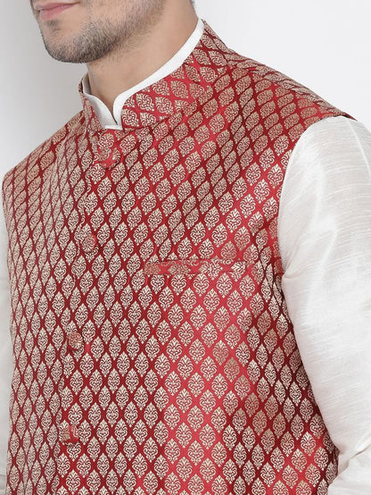 Men's Cream Silk Blend Straight Jacket  Kurta and Pyjama Set