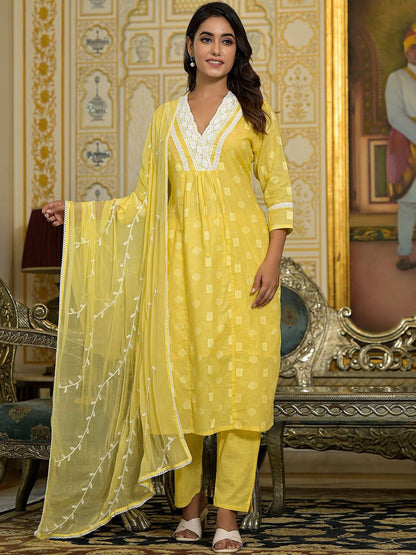 Dhiyona VA Women's V Neck Gathered Flared Cotton Kurta with Trouser & Embroidered Dupatta