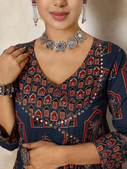 Dhiyona SN Women's Printed Pure Cotton Flared V-Neck Kurta & Palazzo With Dupatta