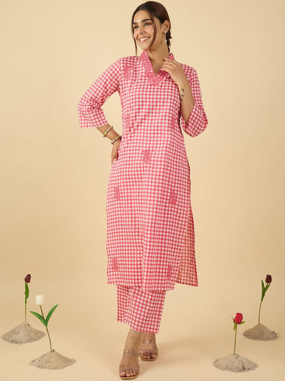 Women Checked Regular Thread Work Pure Cotton Kurta With Trousers
