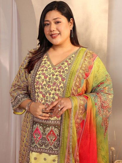 Dhiyona Women's Plus Size Ethnic Motifs Printed Kurta with Palazzos & Dupatta