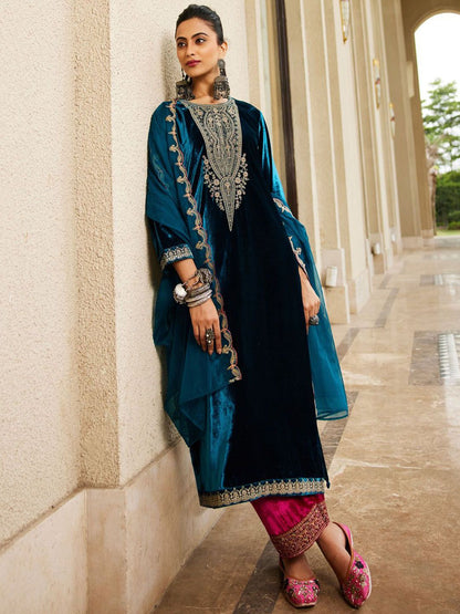 Women Ethnic Motifs Embroidered Regular Velvet Kurta with Trousers & Dupatta