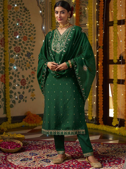 Dhiyona CH Floral Embroidered V-Neck Mirror Work Straight Kurta With Trousers & Dupatta