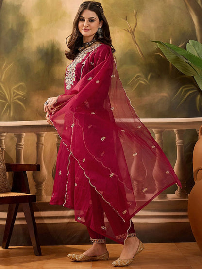 Dhiyona SN Women's Floral Embroidered Notch Neck Straight Kurta With Trousers & Dupatta