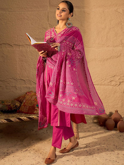 Women Ethnic Motifs Embroidered Cotton Kurta with Trousers & Dupatta