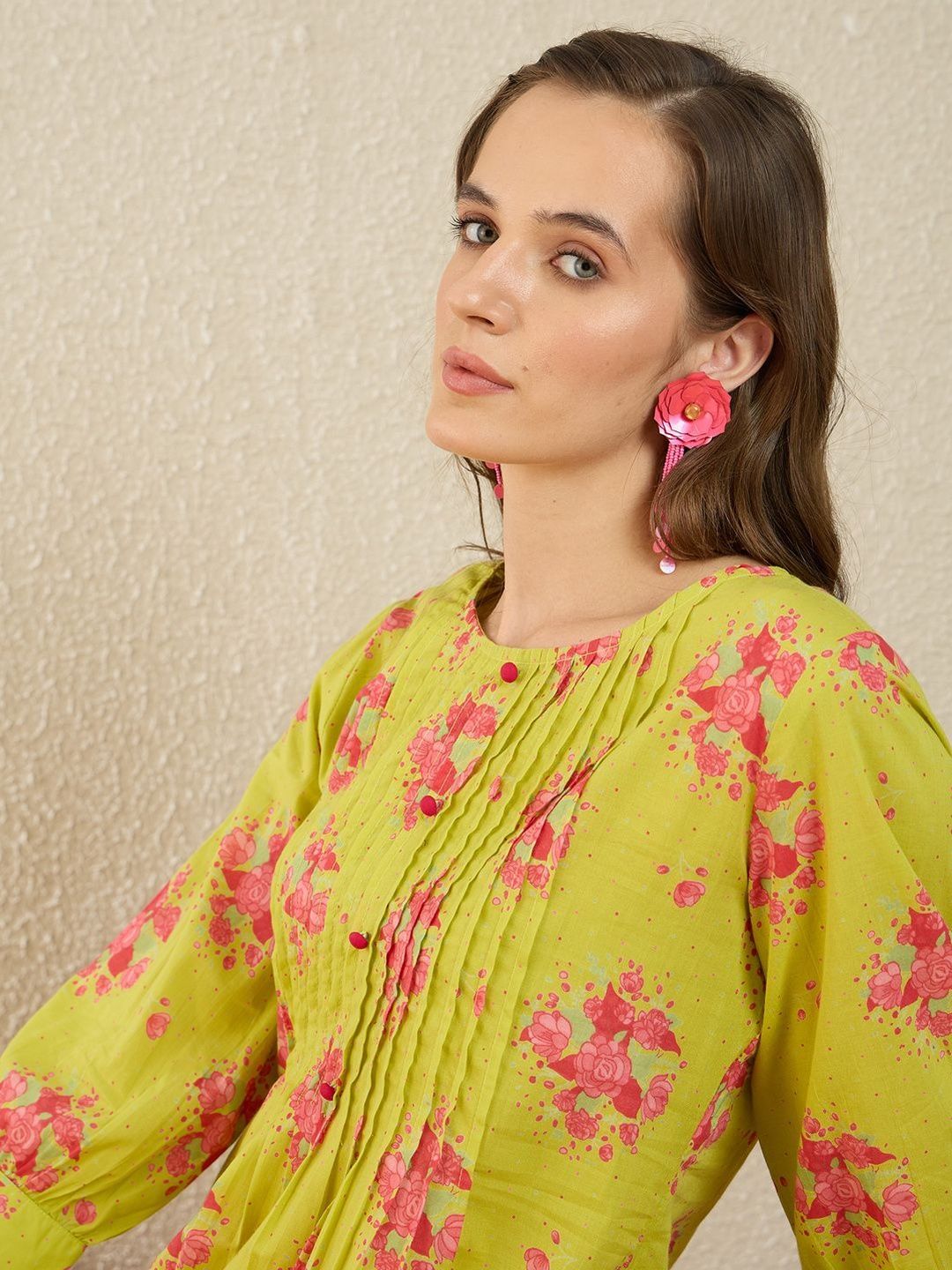 Dhiyona IE Floral Printed Pure Cotton Round-Neck A-Line Top With Trouser