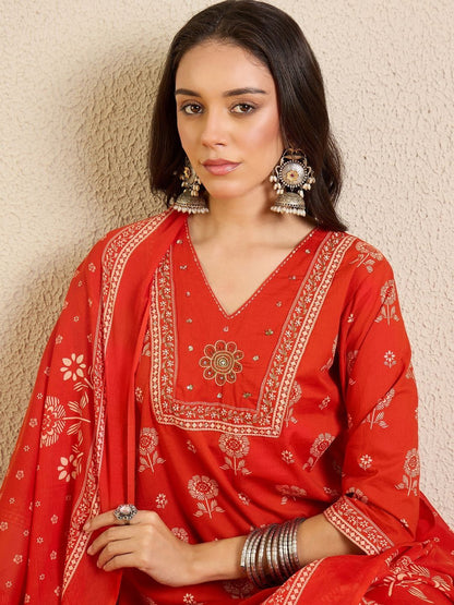 Women Ethnic Motifs Printed Regular Thread Work Pure Cotton Kurta with Trousers & With Dupatta